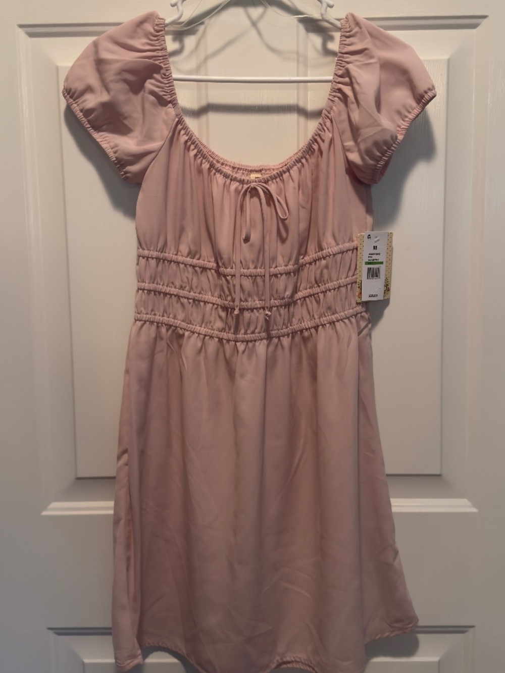 Smocked Waist Puff-Sleeve Mini Dress in Blush Pink